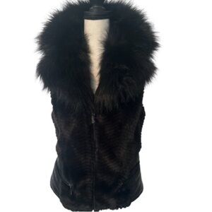 GUESS Faux Fur Vest Black Vegan Leather Trim Quiet Luxury Medium Moto Glam Goth